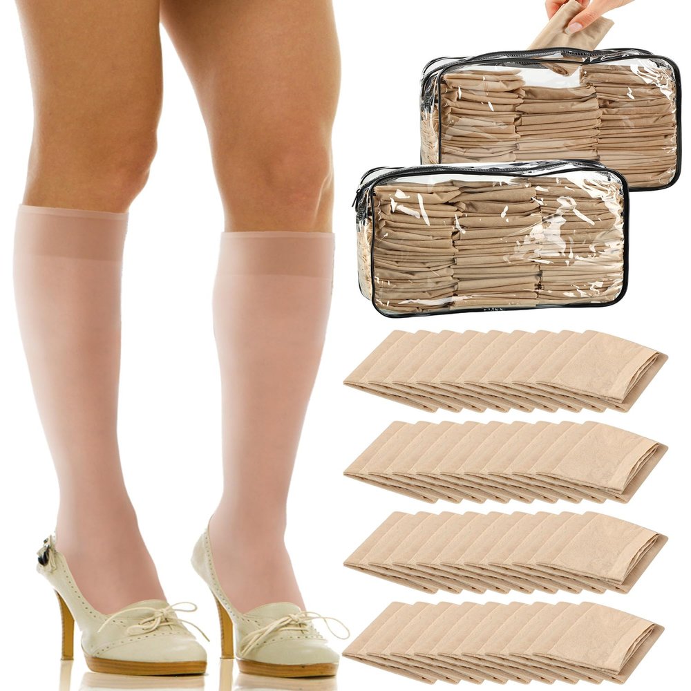 Preboun 100 Pairs Sheer Knee Stockings Bulk for Women Nylon Knee Highs Pantyhose Socks for Lady with PVC Bag(Medium,Nude)