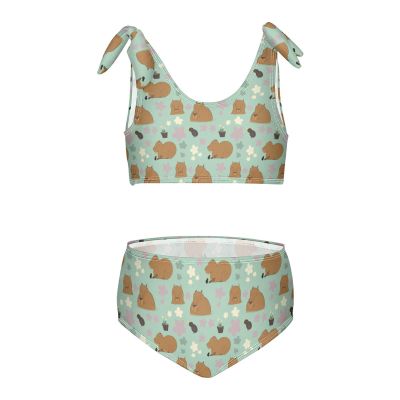 Aflyko Girls' Swimwear Capybara Spring Flower 2-Piece Bikini Set Summer Swimsuit Holiday Bathing Suit Hawaii Beachwear Pool Water Sport Tankini Set 4T