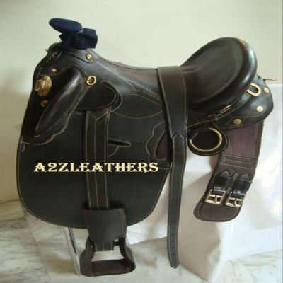 AMAZING HORSE STUFF Australian Stock Black Leather Saddle with Girth 16" to 20" Seat | Cow Soft Brown Leather Seat | Solid Brass Fittings | Black & Brown 18"