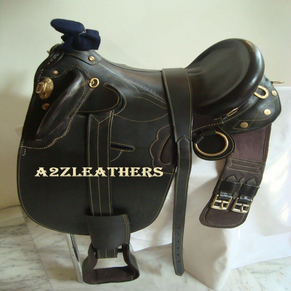 AMAZING HORSE STUFF Australian Stock Black Leather Saddle with Girth 16" to 20" Seat | Cow Soft Brown Leather Seat | Solid Brass Fittings | Black & Brown 18"