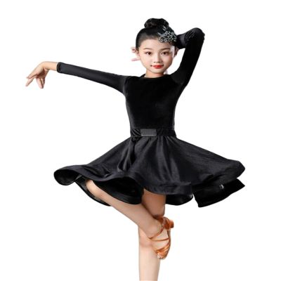 OTMYIGO Girl Latin Dance Dress Tango Salsa Dancewear Dress Ballroom Competition Party Stage Performance Practice Costumes,Black,3XS