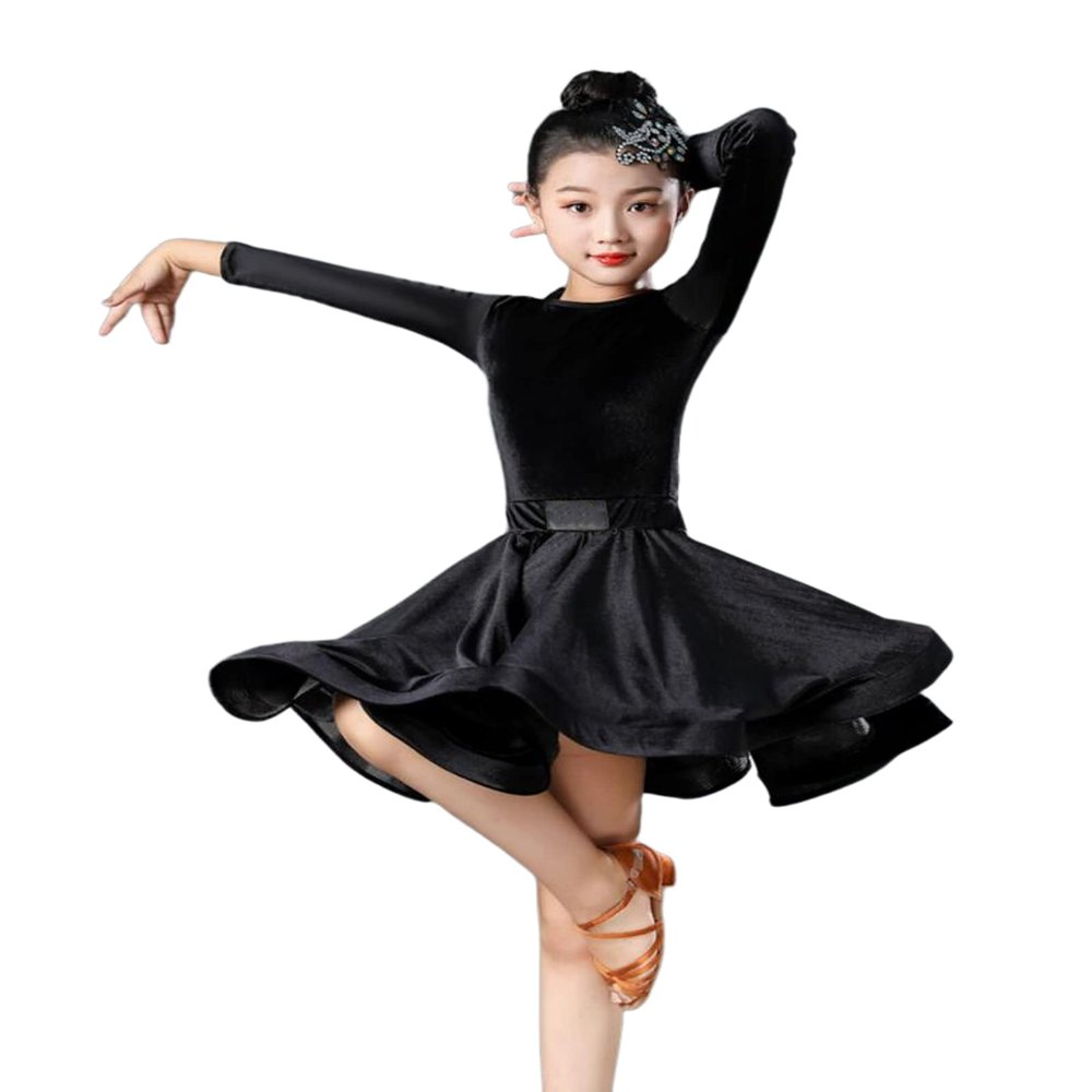 OTMYIGO Girl Latin Dance Dress Tango Salsa Dancewear Dress Ballroom Competition Party Stage Performance Practice Costumes,Black,3XS