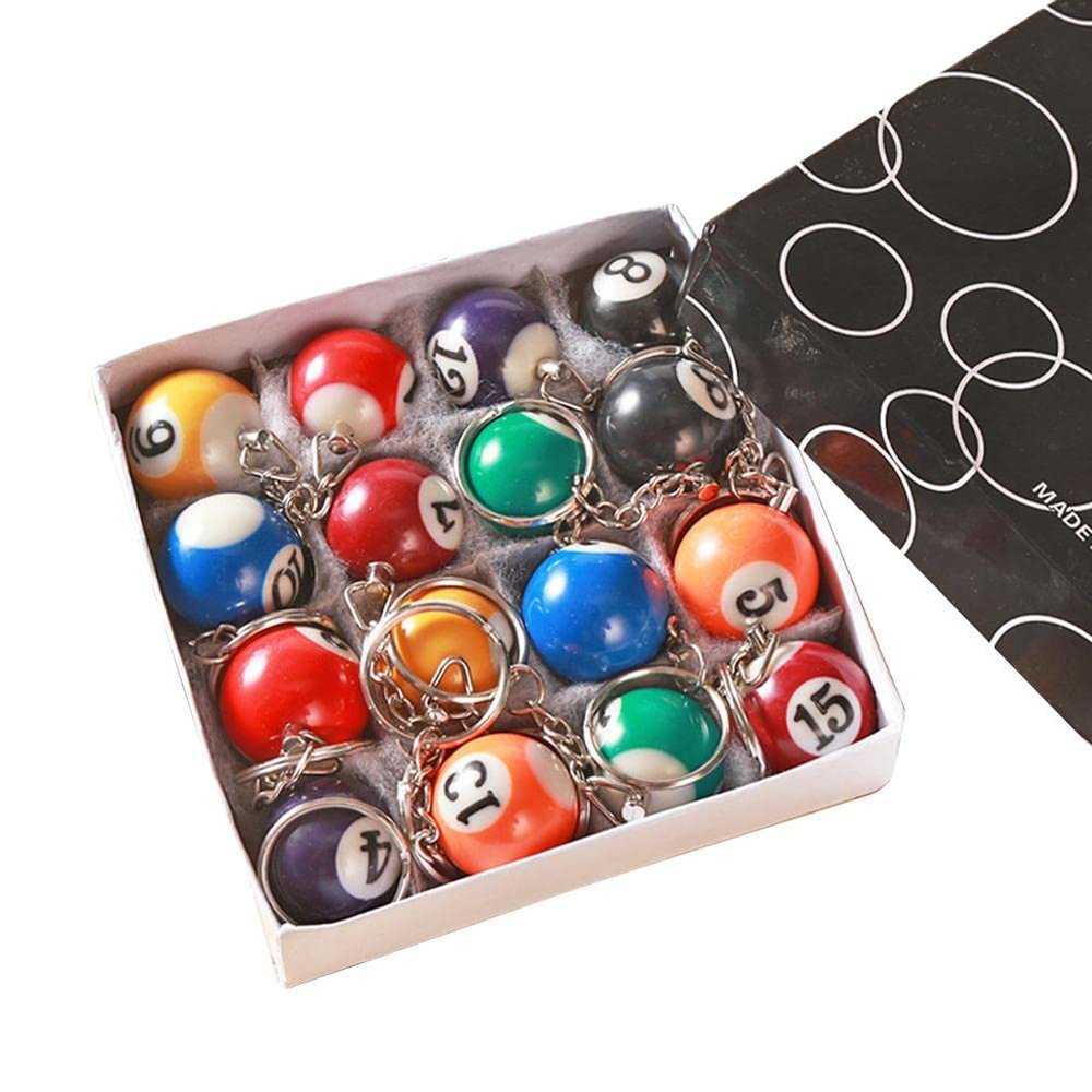 Wmool 16 Pcs Billiard Ball Keychain 25mm Diameter Ball Keyring Charm Personalized Gift for Boys Girls, Billiards Lover