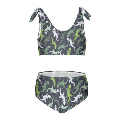 Aflyko Girls' Swimwear Green White Lizard Cute 2-Piece Bikini Set Summer Swimsuit Vacation Bathing Suit Hawaii Beachwear Water Sport Tankini Set 9-10T