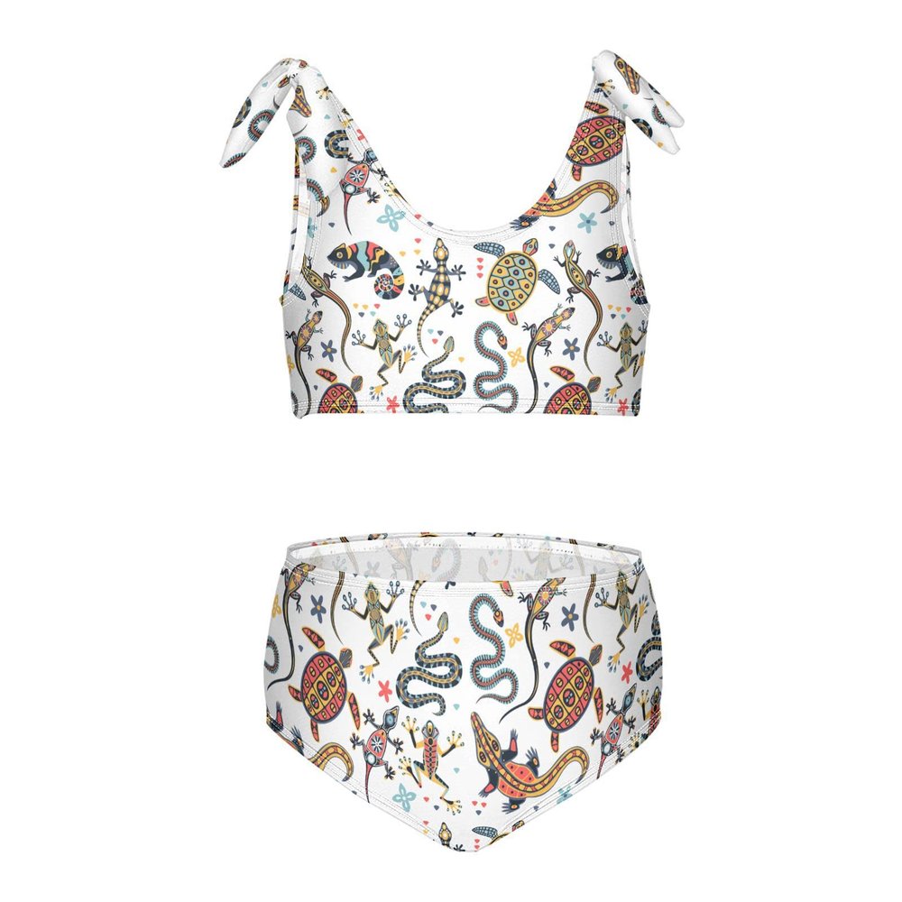 Aflyko Girls' Swimwear Turtle Lizard Flower Snake Ethnic 2-Piece Bikini Set Summer Swimsuit Holiday Bathing Suit Hawaii Beachwear Water Sport Tankini Set 7-8T