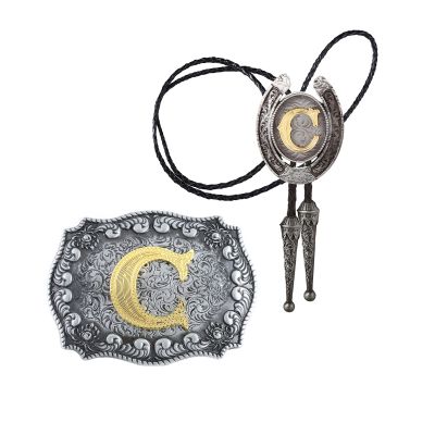 HUABOLA CALYN 2 Pieces Western Cowboy Belt Buckle Bolo tie Set for Men Golden Initial Letter ABCDMJR to Z Costume (C)
