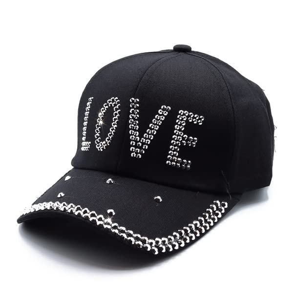 Forest & Twelfth Fashion Bling Baseball Cap Hat, Embellished with Crystal Rhinestones, Faux Gemstones, Embroidery (Love Black)