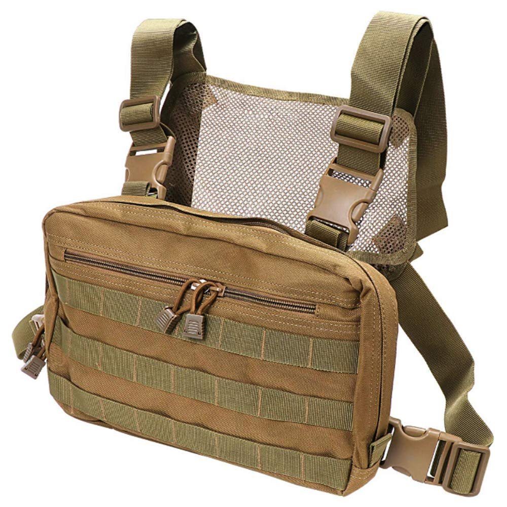 Clakllie Chest Bag Pack Vest Pouch Bag for Men Running Workouts Chest Rig Bag Radio Harness Bag with Mesh Pocket,Khaki