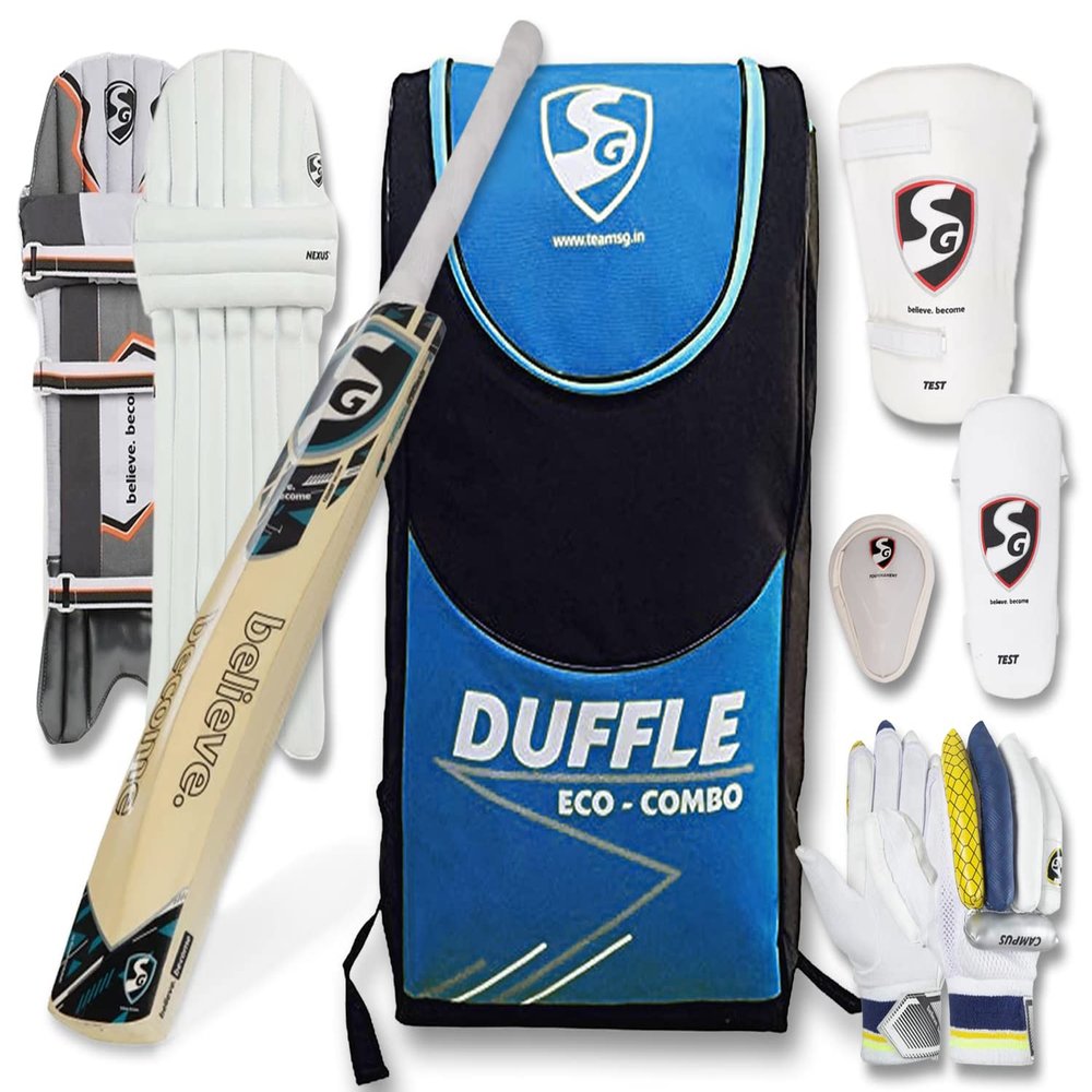 SG Eco Duffle Kashmir Willow Full Cricket Kit, Black/Blue - Size 4
