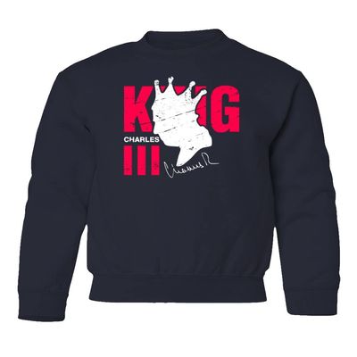 King Charles III King of England Silhouette Youth Crewneck Sweatshirt (Navy, Youth X-Large)