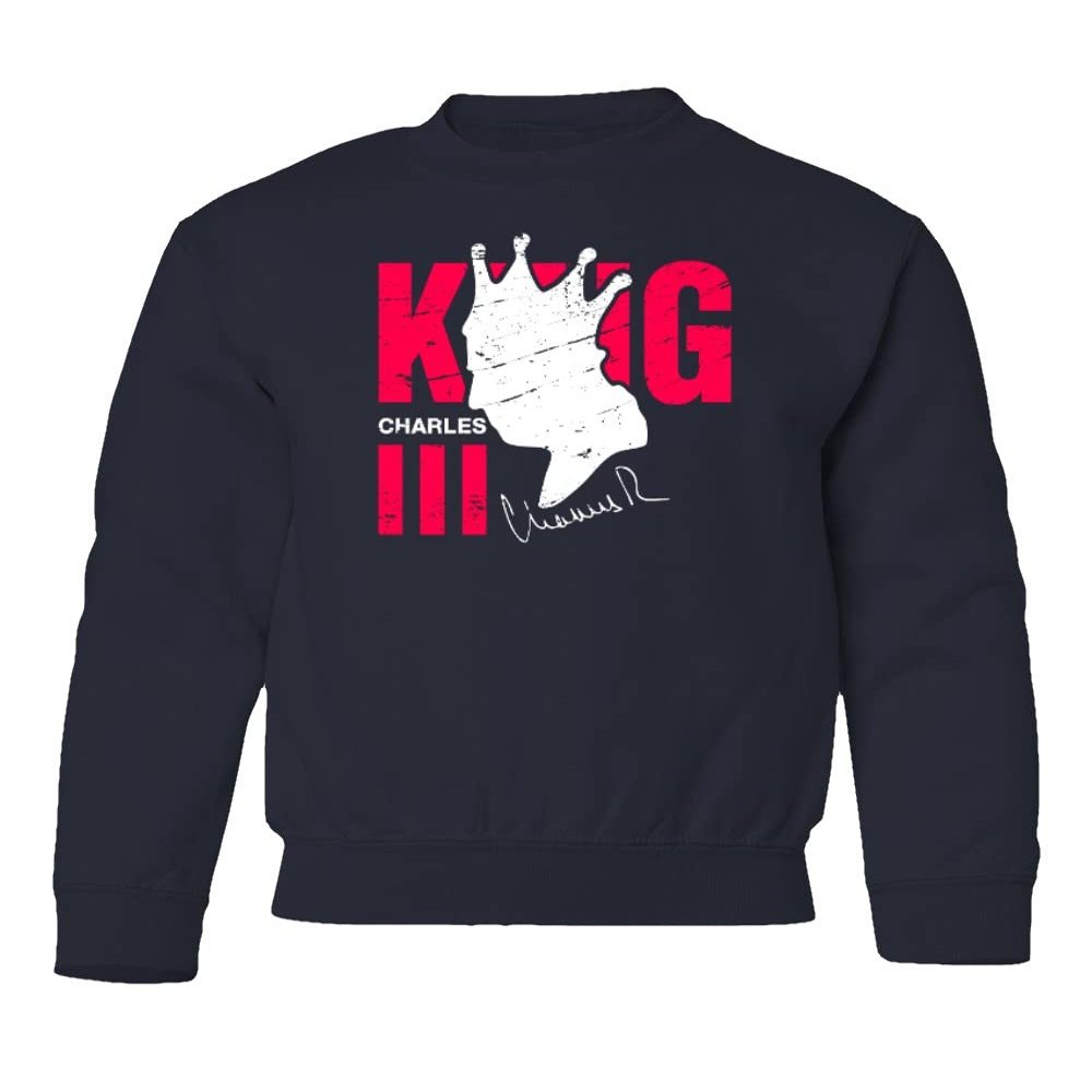 King Charles III King of England Silhouette Youth Crewneck Sweatshirt (Navy, Youth X-Large)