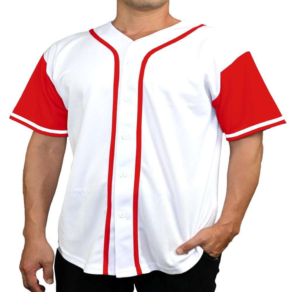 DIGITMON Men's Baseball Jersey Button Down Premium Hip Hop T Shirts Sports Uniform RED Sleeve, Small
