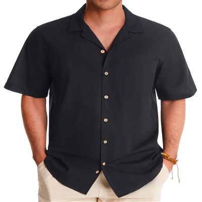 Alimens & Gentle Linen Butoon Down Shirt Men Short Sleeve Casual Shirts Cotton Summer Beach Cuban Vacation Hawaiian Shirts Black