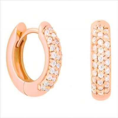 14K Gold Plated Sterling Silver Post Diamond Studded Huggie Earrings,Rose Gold Plated Small Cubic Zirconia Chunky Hoop Earrings for Women 8mm 10mm 12mm (12mm, Rose gold)