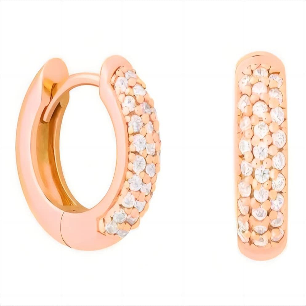 14K Gold Plated Sterling Silver Post Diamond Studded Huggie Earrings,Rose Gold Plated Small Cubic Zirconia Chunky Hoop Earrings for Women 8mm 10mm 12mm (12mm, Rose gold)