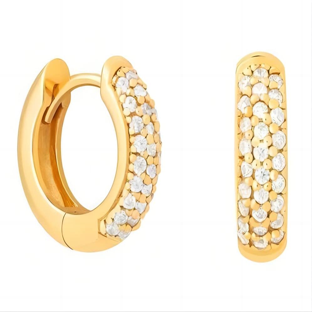 14K Gold Plated Sterling Silver Post Diamond Studded Huggie Earrings,Rose Gold Plated Small Cubic Zirconia Chunky Hoop Earrings for Women 8mm 10mm 12mm (8mm, Gold)
