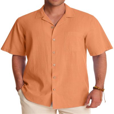 Alimens & Gentle Short Sleeve Button Down Shirts Linen Shirts for Men Cotton Summer Beach Cuban Shirts Vacation Hawaiian Shirts Persimmon Orange