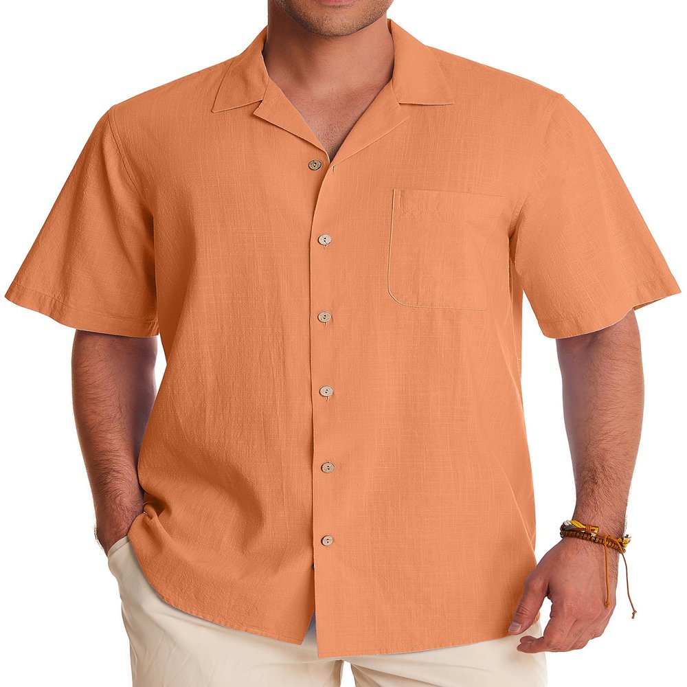 Alimens & Gentle Short Sleeve Button Down Shirts Linen Shirts for Men Cotton Summer Beach Cuban Shirts Vacation Hawaiian Shirts Persimmon Orange