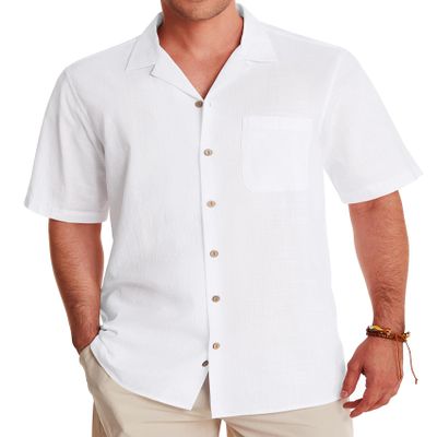 Alimens & Gentle Linen Shirts for Men Camp Short Sleeve Button Down Shirts Cotton Summer Beach Cuban Shirts Vacation Hawaiian Shirts White