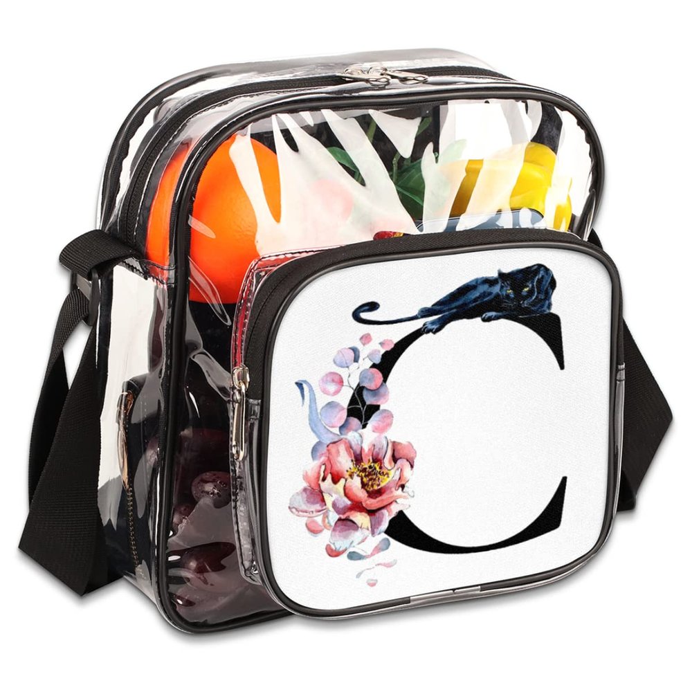 bisibuy Letter C Flower Black Panther Clear Crossbody Bag Clear Messenger Bag Shoulder Bags Clear Purse Stadium Approved for Concerts Sports Events Work Travel