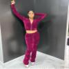 Womens 2 Piece Velour Hoodie Jogger Tracksuit Two Piece Outfits for Women, Long Sleeve Full-Zip Up Velvet Crop Tops Jacket Flared Pants Fall Lounge Matching Sets Sportswear Jogging Sweatsuit Pockets view 4