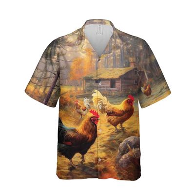 228CLOSET Chicken Farm Hawaiian Shirt for Men - Rooster Farm Button Down Shirt Men, Mens Hawaiian Shirt Set 25 Size 4XL