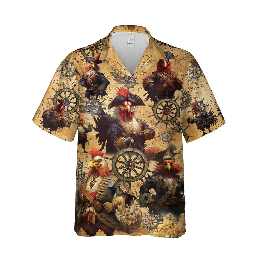 228CLOSET Pirate Chicken Hawaiian Shirt for Men - Vessel Ship Wheel Button Down Shirt Men, Mens Hawaiian Shirt Set 25 Size XL