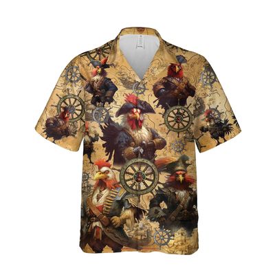 228CLOSET Pirate Chicken Hawaiian Shirt for Men - Vessel Ship Wheel Button Down Shirt Men, Mens Hawaiian Shirt Set 25 Size S