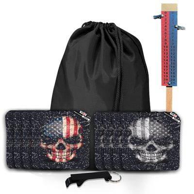 Beerpongtoss Pro Cornhole Bags Sets of 8 Regulation Professional for Tournament, Pro Approved Slick n Stick Corn Hole Beans Bags for Cornhole Games (Black/Red American Skull)