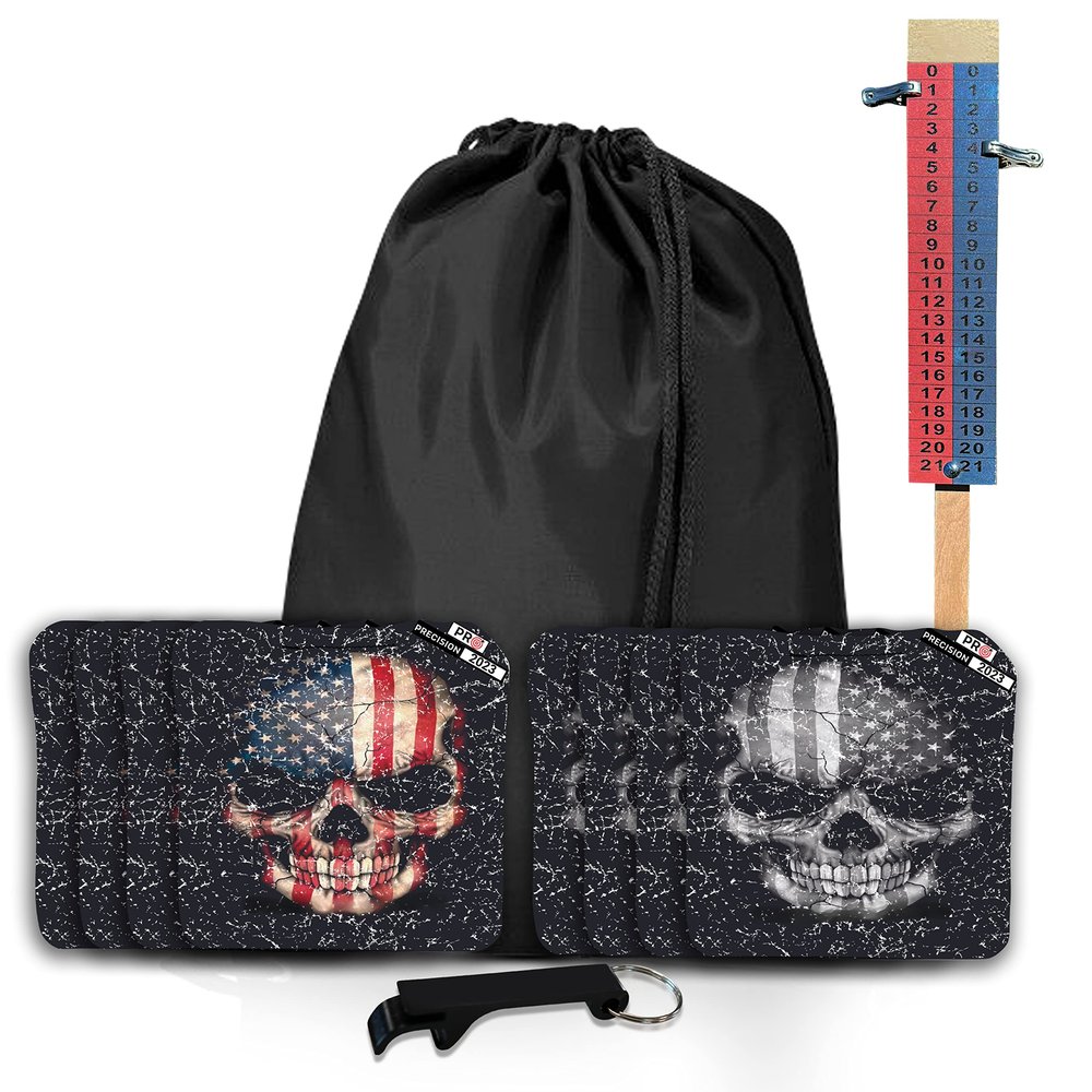 Beerpongtoss Pro Cornhole Bags Sets of 8 Regulation Professional for Tournament, Pro Approved Slick n Stick Corn Hole Beans Bags for Cornhole Games (Black/Red American Skull)