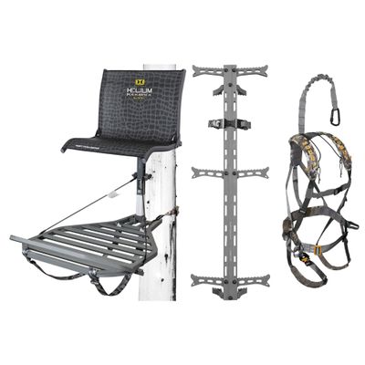 Hawk Helium Kickback LVL Hang-On Tree Stand w/Footrest, 26.5" x 31.5" Platform, Set of 3 Climbing Sticks & Muddy Ambush Padded Safety Harness