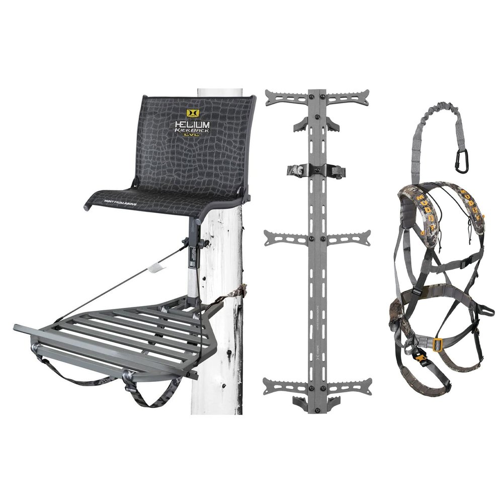 Hawk Helium Kickback LVL Hang-On Tree Stand w/Footrest, 26.5" x 31.5" Platform, Set of 3 Climbing Sticks & Muddy Ambush Padded Safety Harness