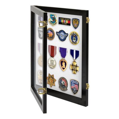 PENNZONI Medal Display Case Small- Award Display Case, Patches Display Cabinet Case, Acrylic Wall Display Case, Black w/White Felt