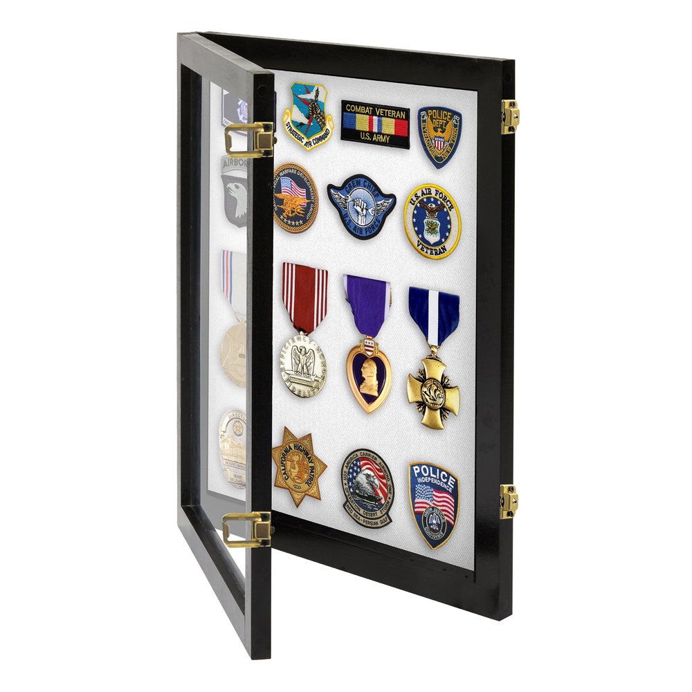 PENNZONI Medal Display Case Small- Award Display Case, Patches Display Cabinet Case, Acrylic Wall Display Case, Black w/White Felt
