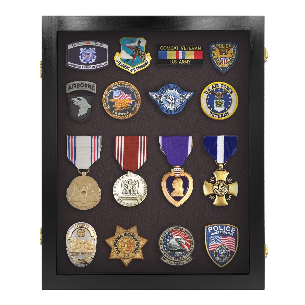 PENNZONI Medal Display Case Small- Award Display Case, Patches Display Cabinet Case, Acrylic Wall Display Case, Golden Oak w/White Felt