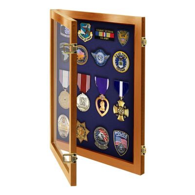 PENNZONI Medal Display Case Small- Award Display Case, Patches Display Cabinet Case, Acrylic Wall Display Case, Walnut w/Blue Felt
