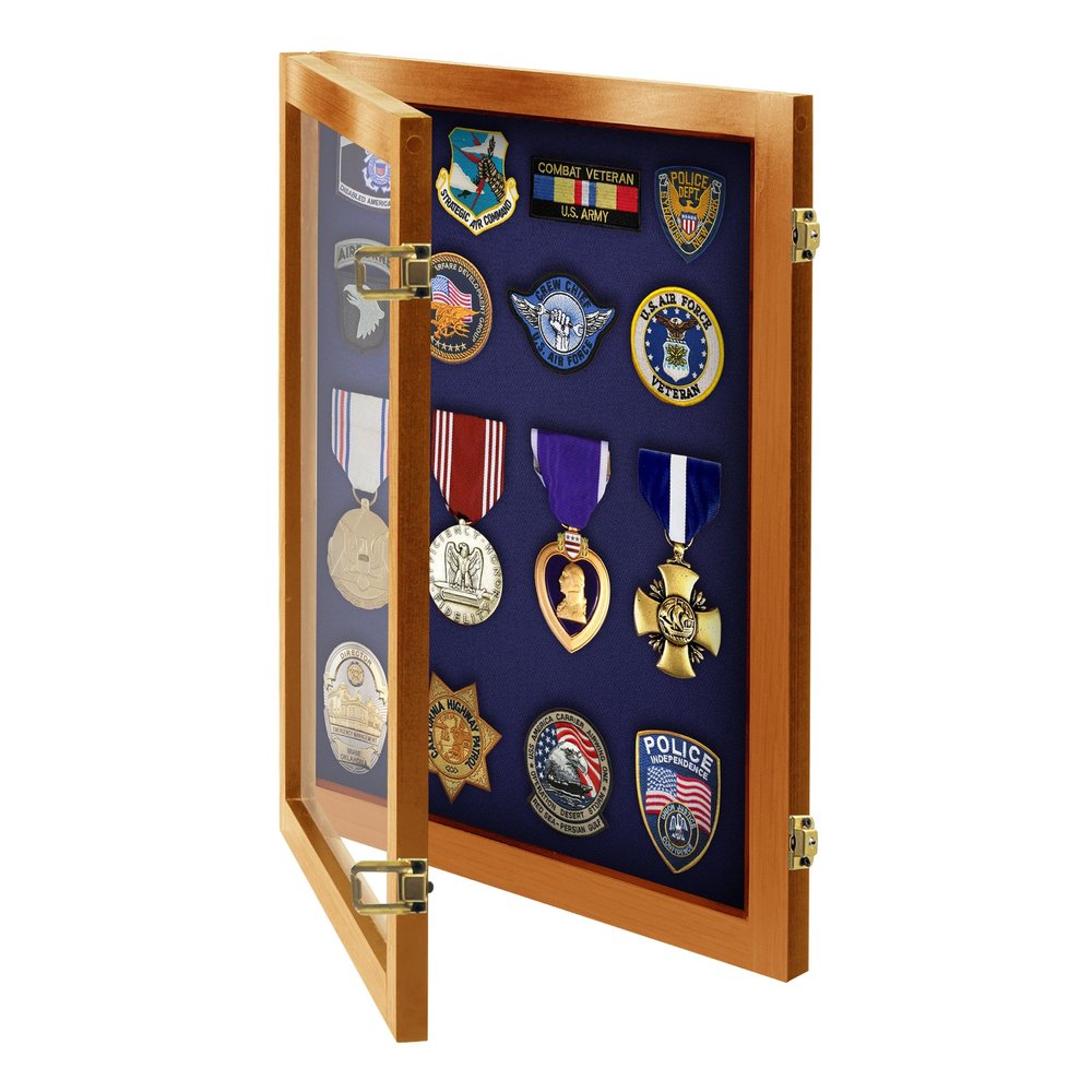 PENNZONI Medal Display Case Small- Award Display Case, Patches Display Cabinet Case, Acrylic Wall Display Case, Walnut w/Blue Felt