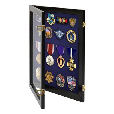 PENNZONI Medal Display Case Small- Award Display Case, Patches Display Cabinet Case, Acrylic Wall Display Case, Black w/Blue Felt