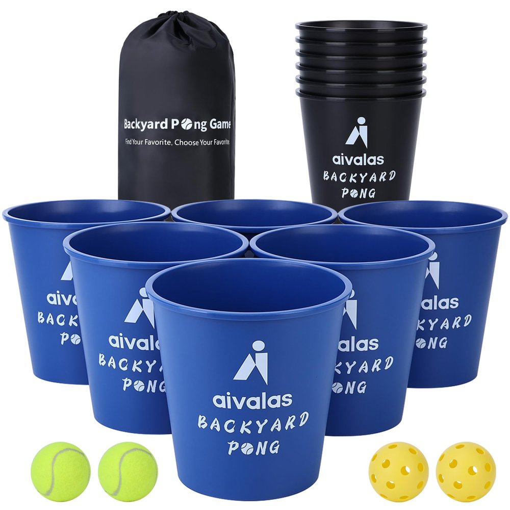Aivalas Yard Pong Outdoor Games, Giant Yard Games Set with 12 Buckets and Balls for Adults and Family, Toss Game Throwing Games for Beach, Camping, Lawn and Backyard