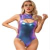 ACSUSS Women Shiny Metallic Bodysuit Mock Neck Sleeveless Cutout Zipper Catsuit Leotard Clubwear Blue Large view 2