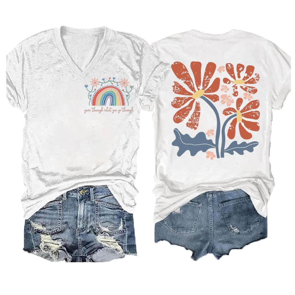 Grow Through What You Go Through Boho Flowers T-Shirt Grow Through What You Go Through Shirt Long Sleeve Womens T Shirts with Positive Sayings Womens T Shirts with Wildflowers Tops