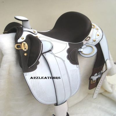 AMAZING HORSE STUFF Australian Stock White Leather Saddle with Girth 16" to 20" Seat | Cow Soft Dark Brown Leather Seat | Solid Brass Fittings | White & Brown 20"