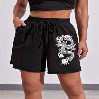 AMDMG Shorts for Women Shorts Women's Shorts Chinese Dragon Print Slant Pocket Track Shorts Shorts (Color : Black, Size : X-Large)