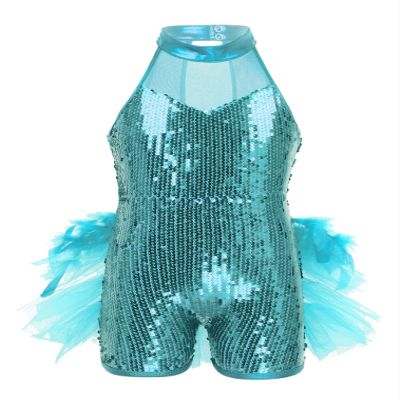 renvena Kids Girls Sleeveless Mock Neck Sequins Mesh Splice Leotard Ballet Jazz Latin Dance Jumpsuit Bodysuit Light Blue 8-10