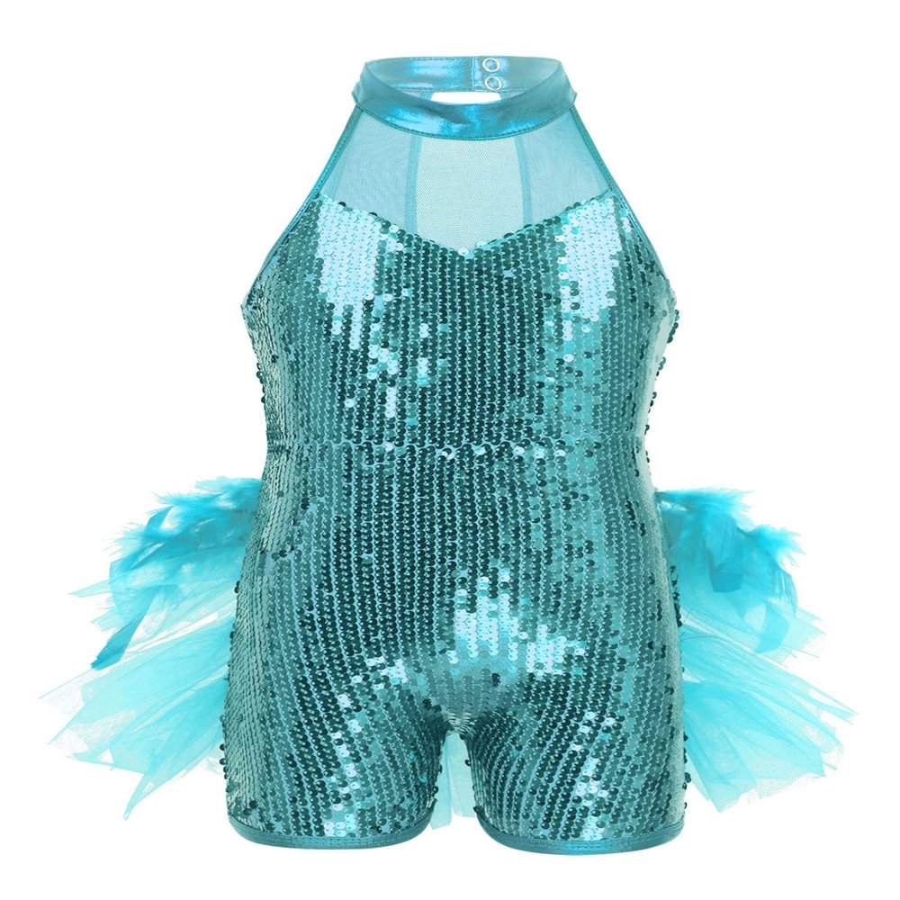 renvena Kids Girls Sleeveless Mock Neck Sequins Mesh Splice Leotard Ballet Jazz Latin Dance Jumpsuit Bodysuit Light Blue 8-10