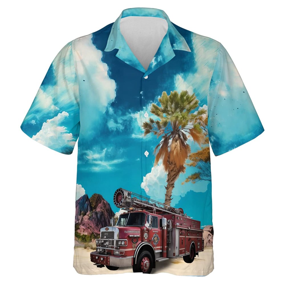 228CLOSET Fire Truck Hawaiian Shirt for Men - Fire Engine Button Down Shirt Men, Mens Hawaiian Shirt Set 27 Size 2XL