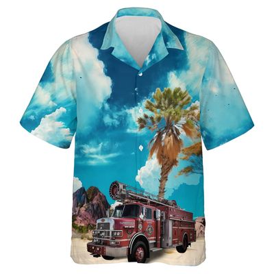 228CLOSET Fire Truck Hawaiian Shirt for Men - Fire Engine Button Down Shirt Men, Mens Hawaiian Shirt Set 27 Size 5XL