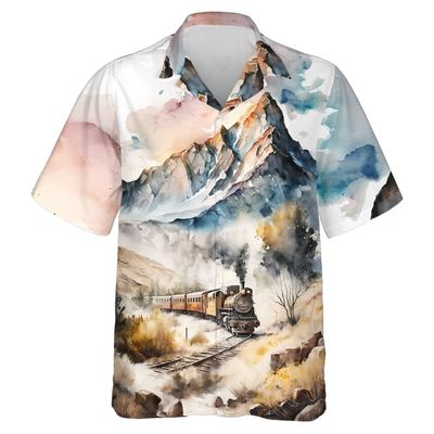228CLOSET Subway Train Hawaiian Shirt for Men - Watercolor Mountain Button Down Shirt Men, Mens Hawaiian Shirt Set 27 Size L