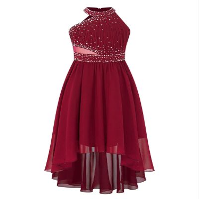 YONGHS Kids High-Low Flower Girl Dress Halter Neck Ruched Bodice Bridesmaid Party Wedding Formal Dress Burgundy 12 Years