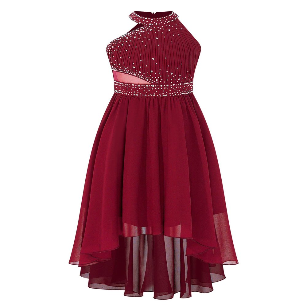 YONGHS Kids High-Low Flower Girl Dress Halter Neck Ruched Bodice Bridesmaid Party Wedding Formal Dress Burgundy 12 Years